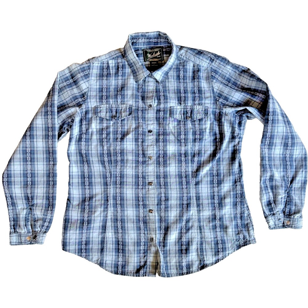 Woolrich Button Down Shirt Womens L Blue Plaid‎ Embroidered Stripe Western Top